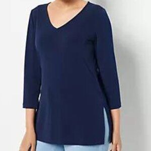 Susan Graver Navy Liquid Knit V-Neck Tunic 3/4 Sleeve-NWT-5X Petite Length